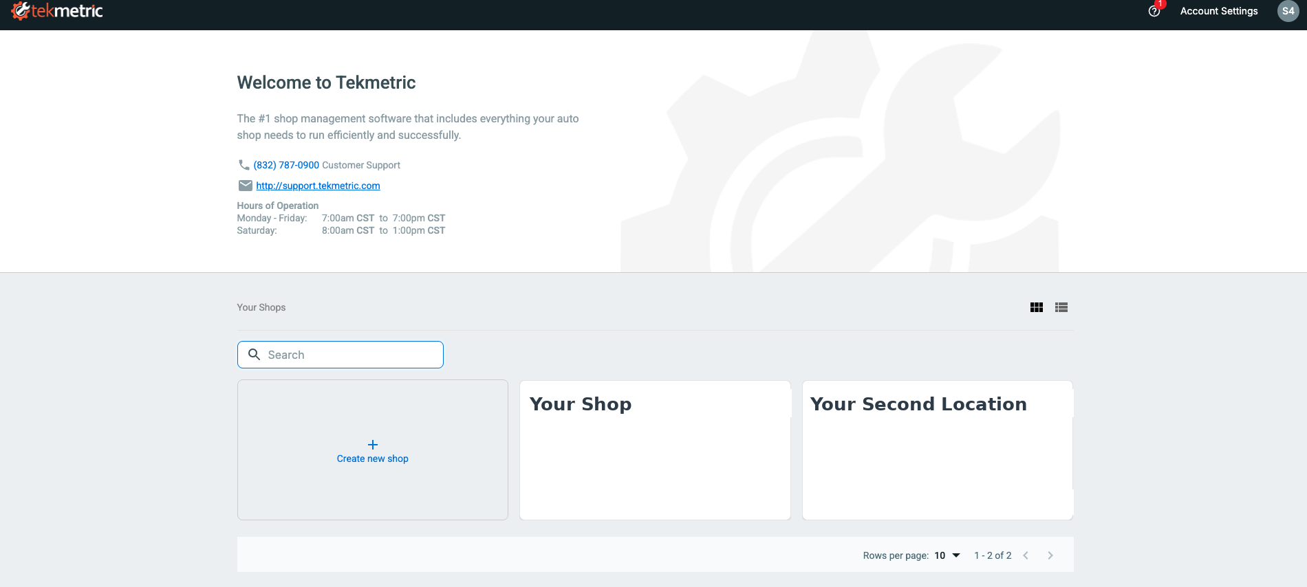 Your Shops location selection screen in Tekmetric