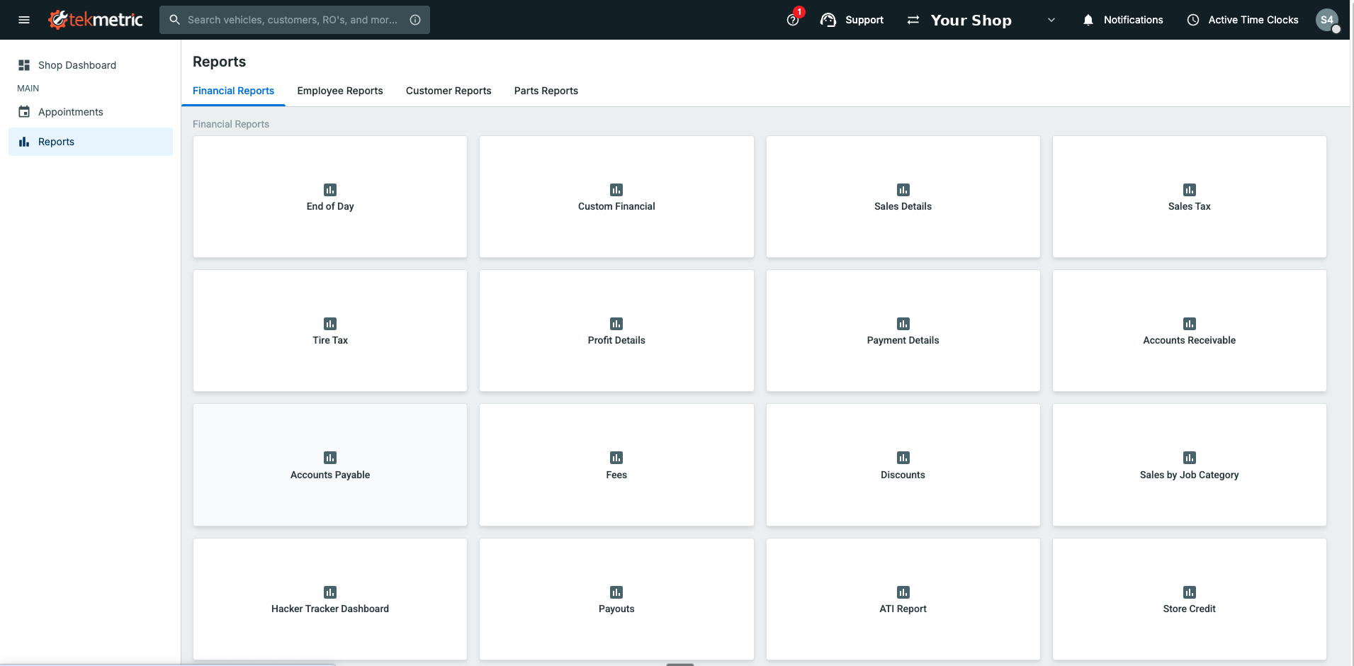 Tekmetric Reports page open to the Financial Reports tab