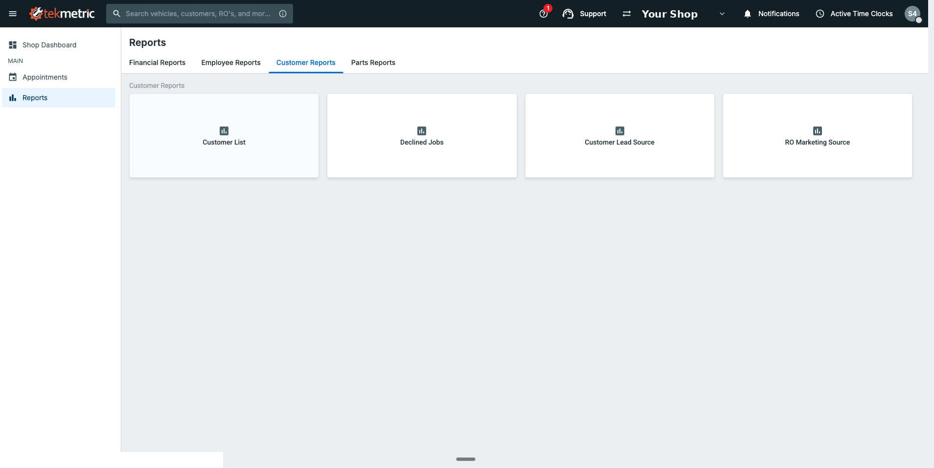 Customer Reports tab showing the Customer Lead Source card