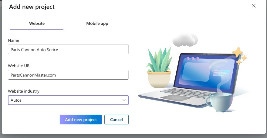 Creating a new Clarity project for the shop, with name, website URL, and Autos selected as the industry.