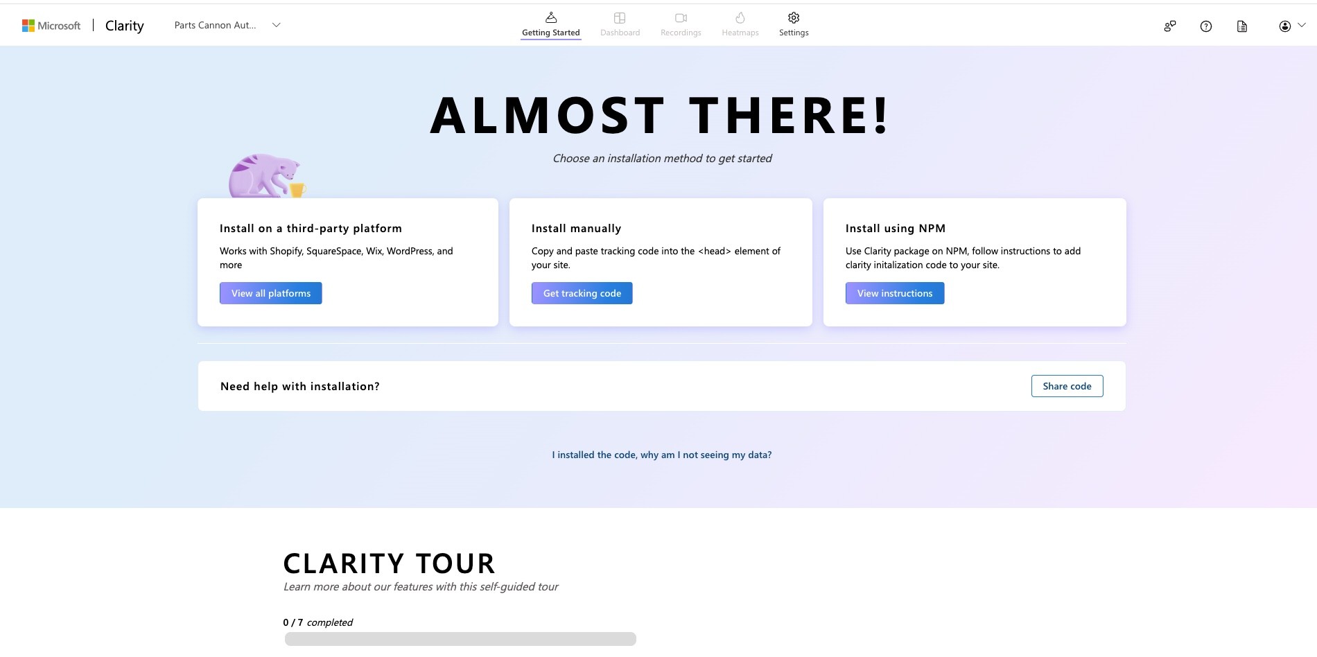 Clarity's install screen offering three options: install on a third-party platform, install manually with a tracking code, or install using NPM.