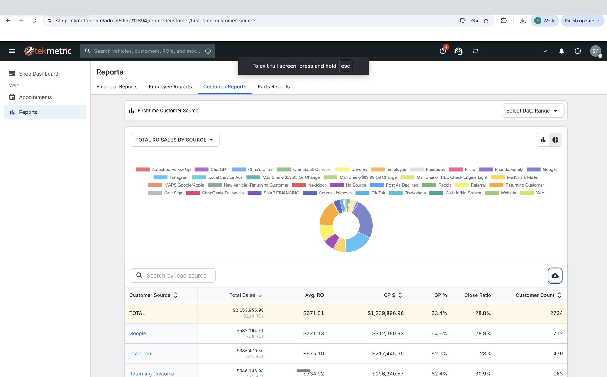 Claude opening the Tekmetric customer source report in the browser