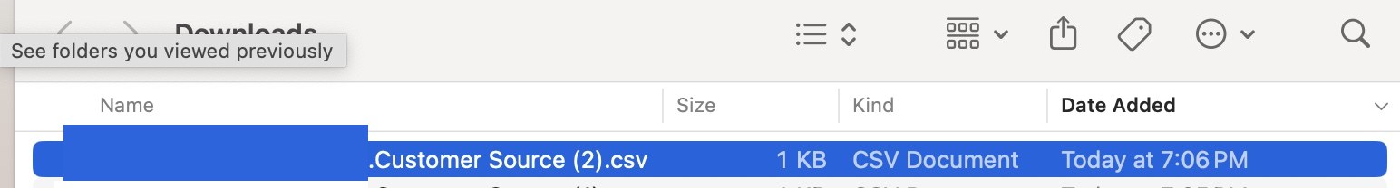 The downloaded customer source CSV in the Downloads folder