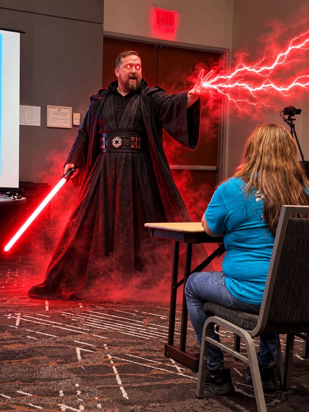 Mike Allen dressed as a Sith lord, firing red Force lightning from his hand toward a seated attendee during the session.